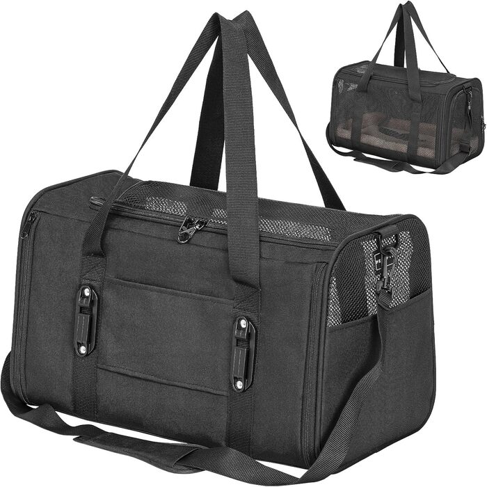Переноска для кота та собаки Petsfit - чорна, розмір M (45.5 x 28 x 28 см) з м'яким килимком