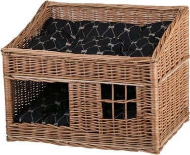 Кішка Будинок Прямокутна з Плетеного Лози, Двоярусний Корз для Кота з Подушкою та Вікном (Чорний, Натуральний)