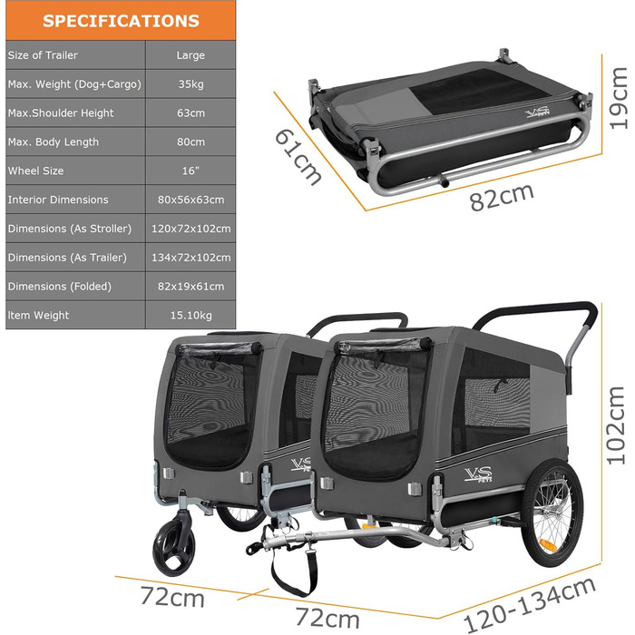 Візок для собак Tiggo VS Pets 2-в-1: візок та велосипедний причіп, сірий, об'єм 270 л, до 35 кг