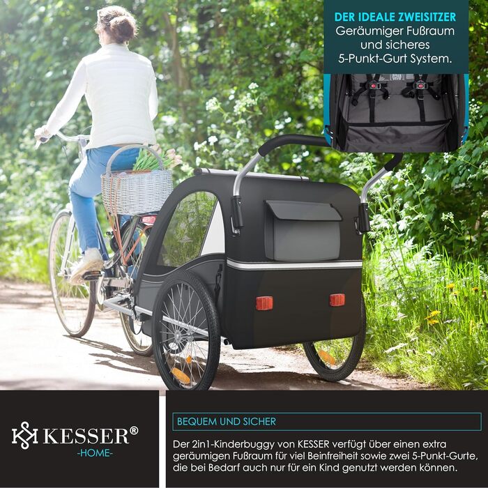 Дитячий велопричіп KESSER Sport-RX 2в1 (вело-та прогулянка) для 1-2 дітей, до 40 кг, з рефлекторами та триточковим ременем безпеки, чорний