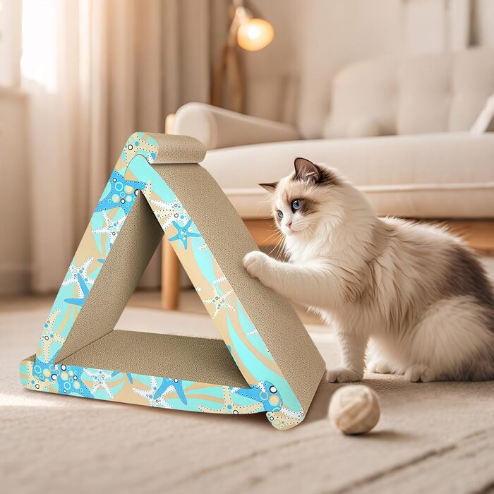 Кігтеточка RUMUUKE Трикутна 3 в 1 з гофрокартону для котів, з котячою м'ятою, блакитний морський звіз