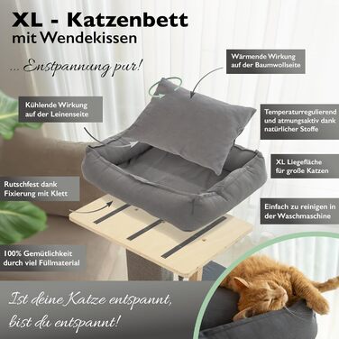 Котячий комплекс Nemmy Premium: стійкий сірий дерев'яний дряпак, висока та широка когтеточка, ліжко з подушкою, будиночок для великих котів