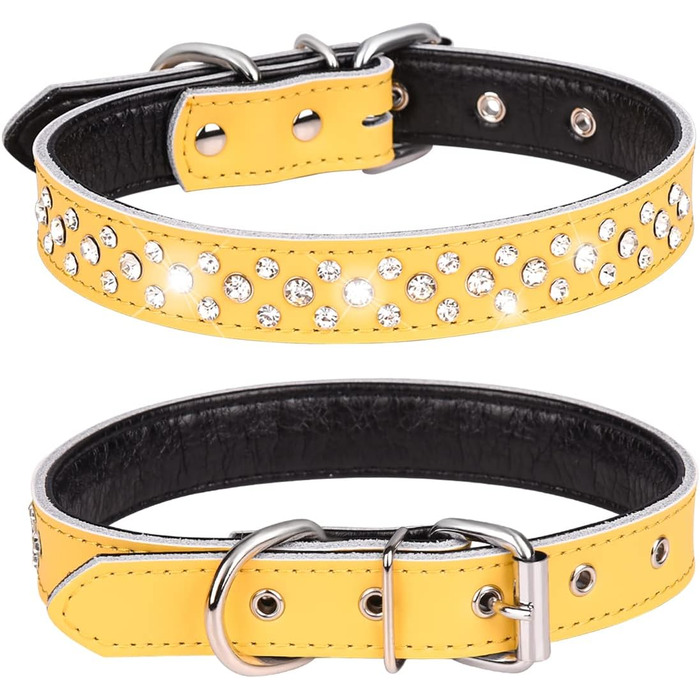 Жіночий собачий ошийник Haoyueer з паєтками, регульований, блискучий, з натуральної шкіри, для собак середніх розмірів (L, жовтий)