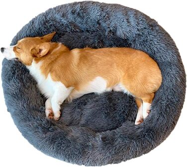 М'яке ліжко для собак та котів великих та екстра-великих порід, круглої форми, плюшеве, біле, діаметр 100 см, темно-сіре