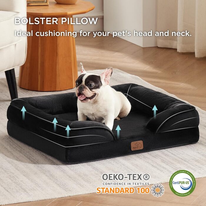 Ортопедичне ліжко для собак BEDSURE - 71x58 см. Зручне ліжко-софа для маленьких собак з ефектом пам'яті, чорне, миється, антиковзаюче