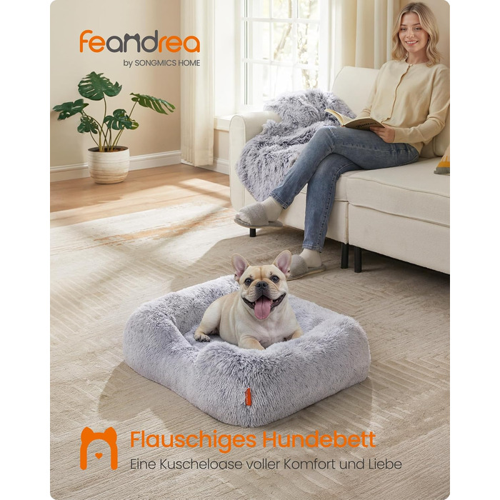 Ліжко для собак Feandrea, м'яке лежання, корзина для собак, 71 x 55 x 18 см, з підвищеними бортиками, знімний чохол, що легко переться, антиковзаюче покриття, Ombré-Сірий PGW271G01 M