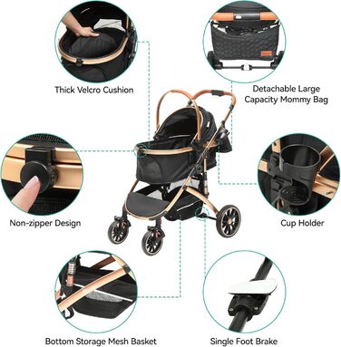 Візок для собак YITAHOME 3 в 1: візок, переноска, прогулянковий візок. До 22 кг, складний, для маленьких собак та котів (чорний)