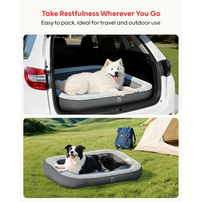 Надувне ліжко для собак QPAU з бортиками, миється, для подорожей, кемпінгу та дому, водонепроникне, з насосом та сумкою, для маленьких, середніх та великих собак (M)