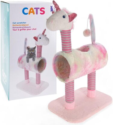 Драбинка для котів Mijoma з дизайном єдинорога, рожевий колір, 3 стовпчики з сизалю, іграшковий хвіст з помпоном, плюшева голова та тунель, 85x40x30 см – ідеально для гри та догляду