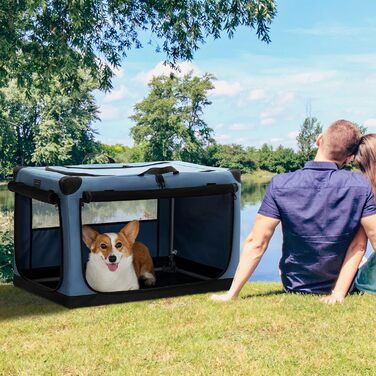 Складаний тканинний бокс для собак Petsfit M, синій – переноска для авто та дому з 3 дверцятами, для середніх порід, легка у транспортуванні