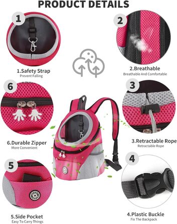 PETCUTE Рюкзак-переноска для собак і котів, регульований, для маленьких тварин, з підкладкою, водонепроникний, дихаючий, з передньою кишенею та страхувальним гачком, для походів, колір Рожево-червоний