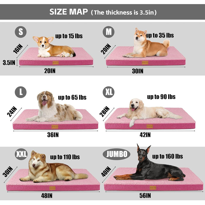 Ортопедичне ліжко для собак Patas Lague, велике, 91,4 x 61 см, м'яке, водонепроникне, з піною, знімний, пральний чохол, антиковзаюча підставка, рожевий колір, розмір L:36x24x3.5 IN