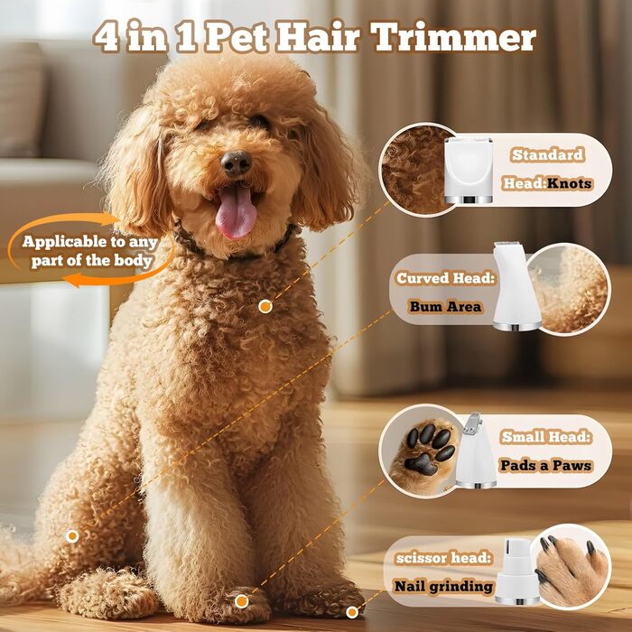 Набір для стрижки собак Journeyside 4-в-1: професійна бездротова машинка для собак та котів з 4 насадками, білий колір