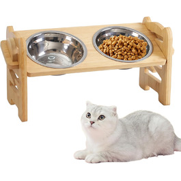 Підвищена годівниця для собак з бамбука з регулюванням висоти, 2 миски з нержавіючої сталі, нахилена годівниця для собак і котів, довговічна