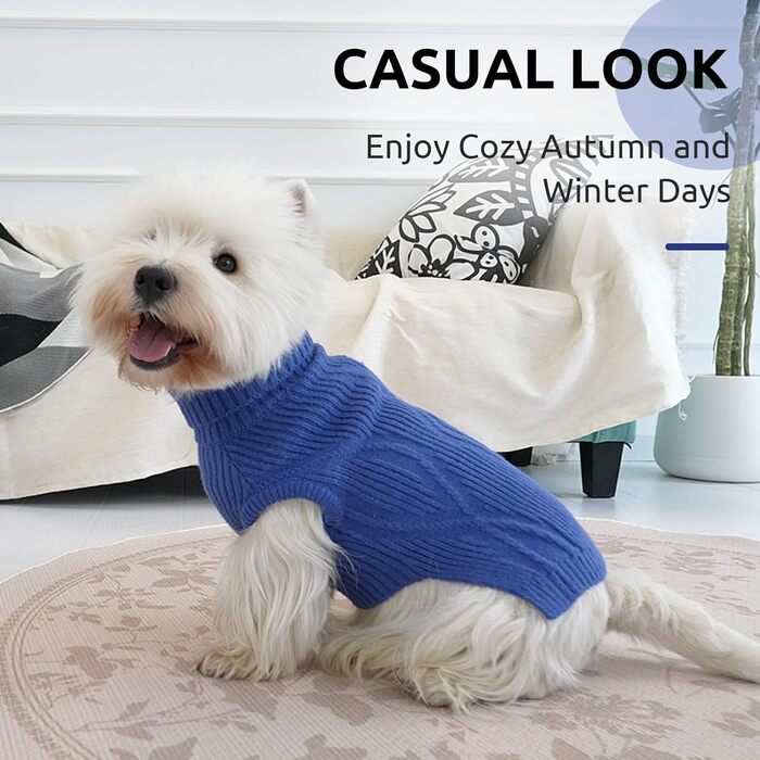 Теплий та м'який пуловер для собак Queenmore | Turtleneck для Corgi, Beagle, Французького бульдога, Шнауцера, Такси | Розмір L, Колір блакитний