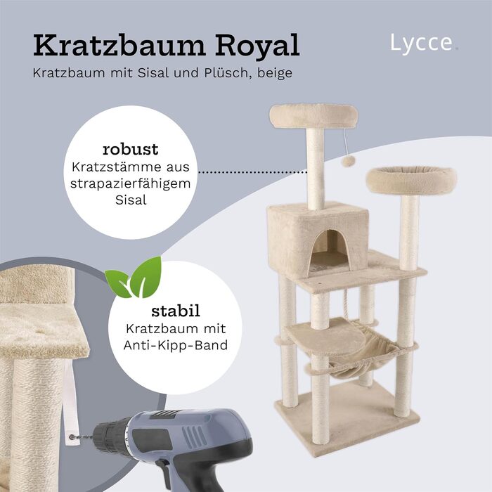 Когтеточка-комплекс Lycce Kratzbaum Royal 145 см: багатоярусна з 10 когтеточками, гніздом, гамаком, 4 платформами, плюшевим м'ячиком, бежева, стабільна, економна