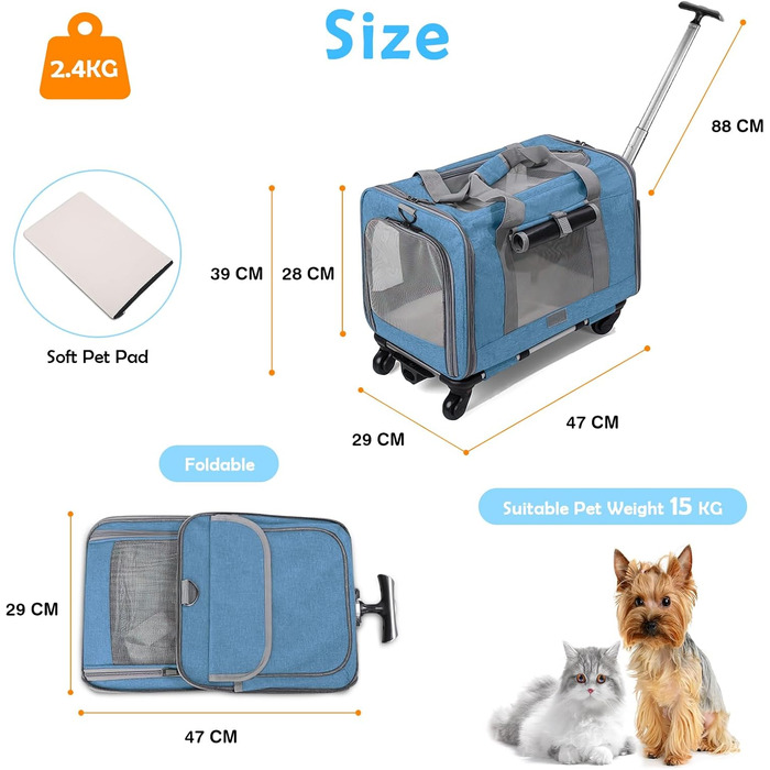 Переноска для тварин ALLSOPETS з колесами для котів та собак, блакитна