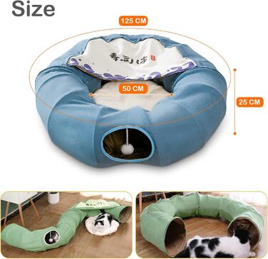 ALLSOPETS Котяче ліжко-тунель 2 в 1, кругле складне іграшкове тунель-ліжко для котів, кошенят, кроликів, цуценят і дрібних тварин, з 1 підвісною кулькою-кігтеточкою, синє