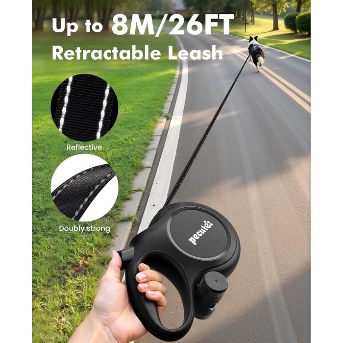 Рулетка для собак Pecute 8м, бісостійка, з набором для збору відходів, 360° без перекручування, чорна (до 50кг)