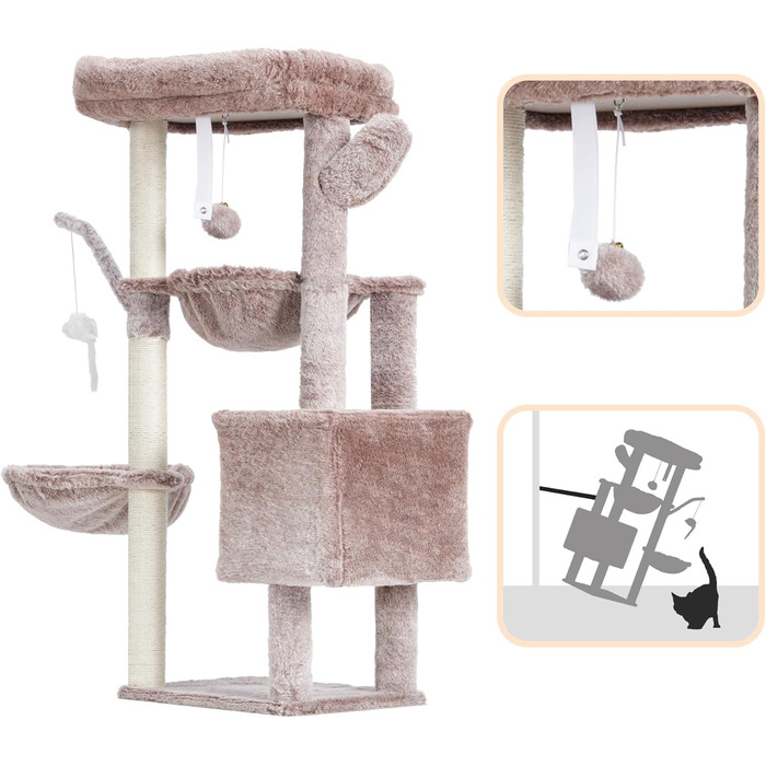 Кігтеточка-комплекс для котів Heybly HCT006SW, 100 см, з платформою, гротоподібною печерою та гамаками, коричнево-бежевий