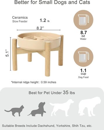 Миска для собак Slow Feeder з кераміки з нековзним силіконовим краєм - пазл-миска для запобігання здуття та ожиріння (Абрикос-S) (Маленька, Хвилі-Абрикос зі стійкою)