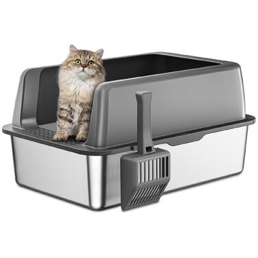 Лоток для великих котів Zarler XL з кришкою та високими бортами, нержавіюча сталь, сірий (58x37x26 см)
