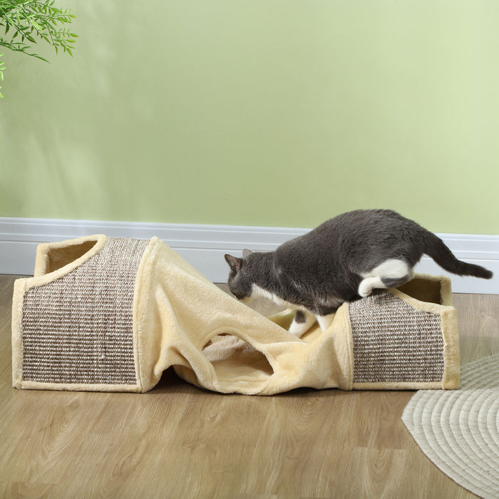 PawHut Cat Tunnel Play Tunnel Ігровий тунель з 2 будиночками, 3 отворами, складаний тунель для домашніх тварин до 6 кг, закритий, бежевий | Аосом