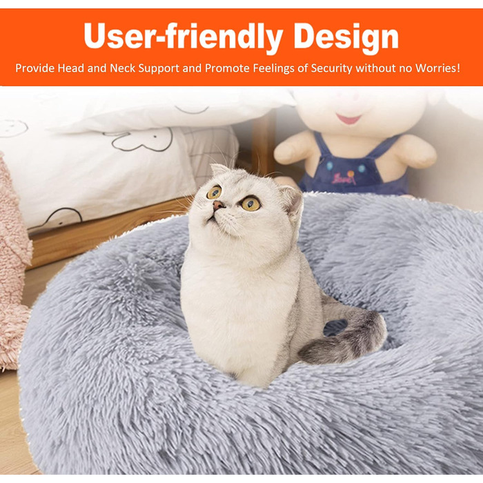 Кругле ліжко для собак OKPOW Donut: м'яке, затишне, антистрес для маленьких собак та котів, Ø60 см, світло-сірий