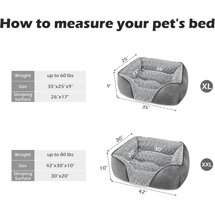 Ортопедичне собаче ліжко INVENHO, прямокутне, миюче, м'яке, з антиковзною основою, XL (35'x 25'x 9'), сірий