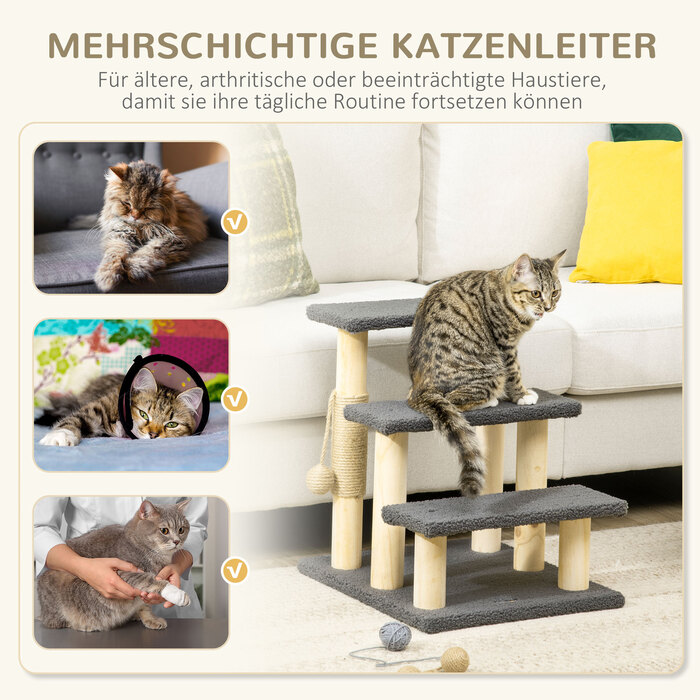PawHut 3 сходинки Cat Stairs 48H см Сходи для домашніх тварин з тедді тканиною для маленьких кішок сірого кольору, ідеально підходять для людей похилого віку та дрібних порід