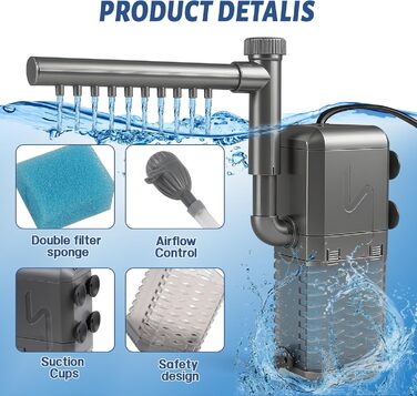 EXLECO Фільтр для акваріума 1.1M, внутрішній фільтр з 2 змінними губками, регульований фільтр для акваріумів об'ємом 20-50л, помпа-фільтр для акваріумів з розпилювачем (6W 600L/H)