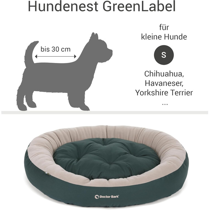Зручне ліжко для собак Doctor Bark GreenLabel (S, 50x40 см, зелене) - м'яке, кругленьке гніздо з ворсистим подушками з флісу/бавовни