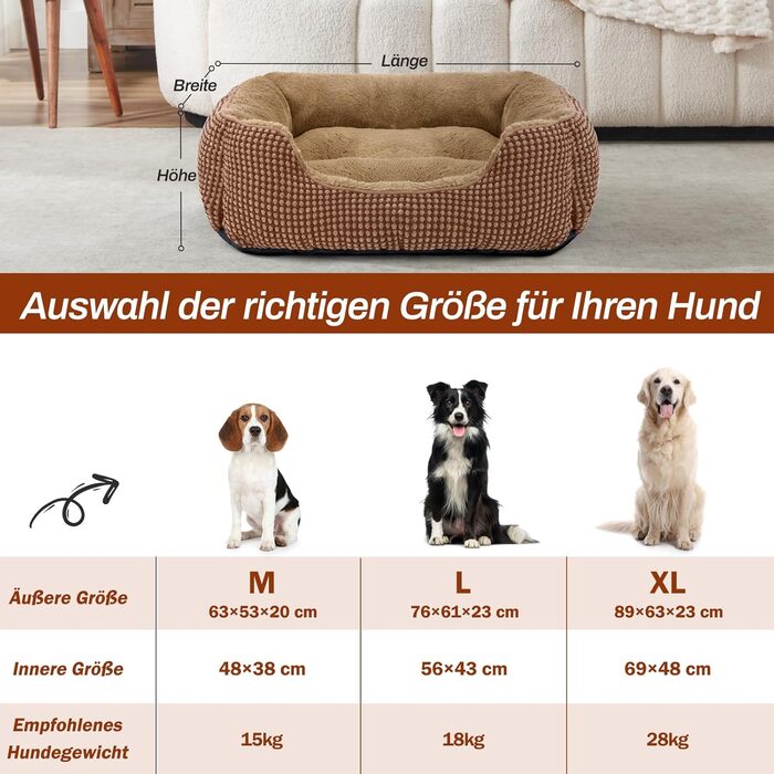 FURTIME Лежанка для собак середнього розміру, кошик для собак, миється, пухнаста, з неслизьким покриттям, заспокоююча лежанка для собак та котів середнього та малого розміру, 63x53x20 см, коричнева