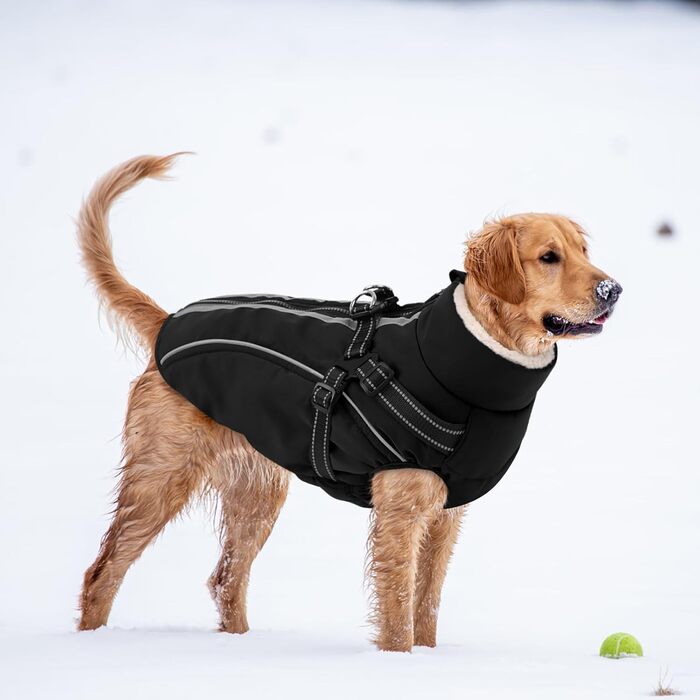 Теплий зимовий одяг для собак: куртка з блискавкою, вітрозахисна, з відбиваючими смугами та нагрудником для маленьких, середніх та великих собак (S, чорний)