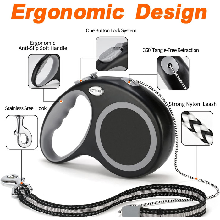 Рулетка для собак EC.TEAK, 9.1 м, для середніх та великих собак до 35 кг, міцна, не заплутується, чорна
