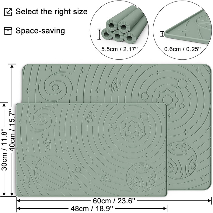 Підкладка під миску для собак та котів OHMO, 60x40 см, силіконова, нековзна, вологостійка (48x30 см, світло-зелена)