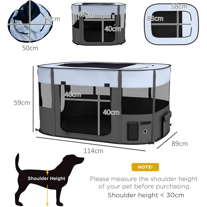 Клітка для собак PawHut, вольєр для тварин, переносний складаний вольєр для собак та котів з сумкою для зберігання, 114 x 89 x 59 см, сірий, XL