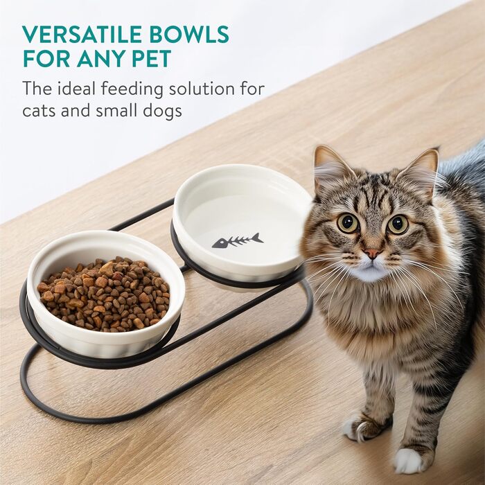 Керамічна миска для кота Navaris з чорним металевим підставкою - піднята миска для котів - об'єм 150 мл - підходить для мікрохвильової печі та мийки - миска для котів - миска для корму для котів