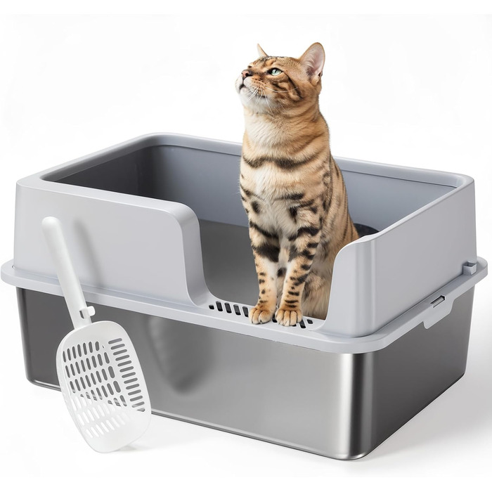 Лоток для котів PawGiant XXL з нержавіючої сталі, високий бортик, металевий туалет для великих котів, не прилипає, без запаху, герметичний, зі совком