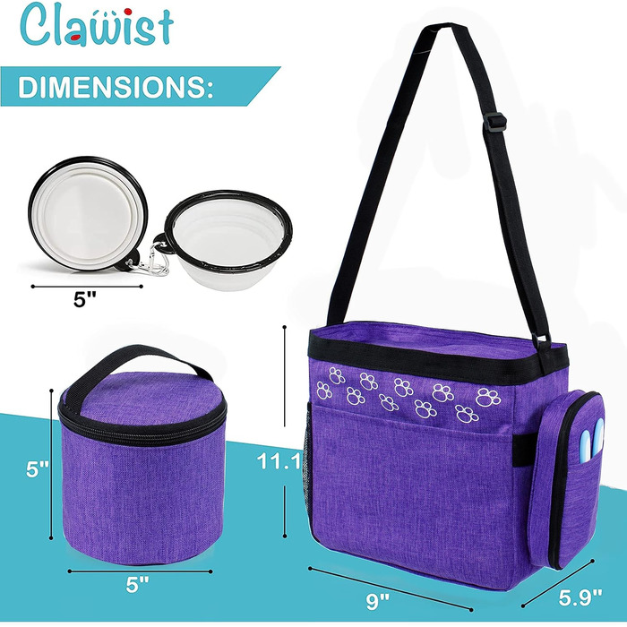 CLAWIST Сумка для собак у подорожах з контейнерами для ласощів та корму, фіолетовий, для авіаперельотів, аксесуари для собак
