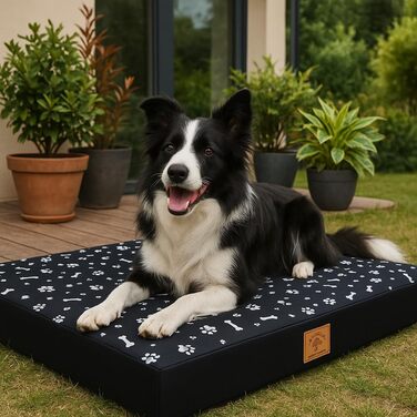 Ортопедичне собаче ліжко Odolplusz для великих собак | М'яке собаче ліжко для середніх та великих собак | Собача матрацна подушка знімний чохол | (100x70x7см, Чорний, Мотив кісток)