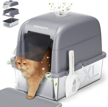 Котячий туалет MeoWant з нержавіючої сталі, 152,4 см, 3-в-1, закритий/напіввідкритий, для великих котів, з матом і лотком, контроль запаху, високі борти