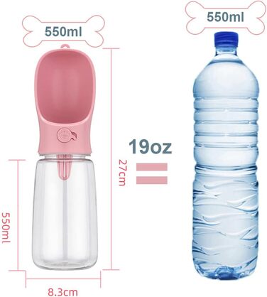 Водяна пляшка для собак на прогулянці, портативна, BPA-free, 550 мл + 100 мл, витокозахисна, для подорожей, біла/рожева
