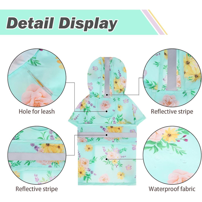 Дощовик для собак Kooltail з капюшоном, зелений (квітка), для маленьких та середніх собак, водонепроникний, з отвором для повідка