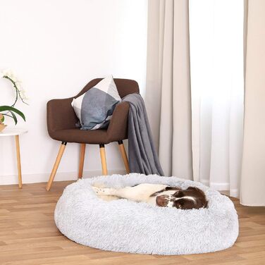 Кругле ліжко для собак та котів Lionto, Ø 100 см, м'яке, світло-сіре, з плюшу, з щільною начинкою, 100x100x24 см
