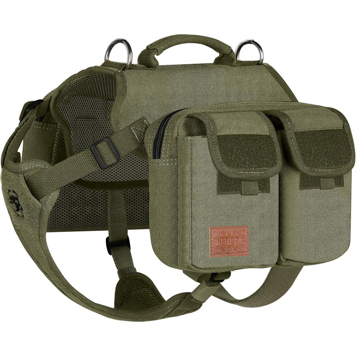 Шлейка для собак OneTigris з рюкзаком Hoppy Camper 3.0, зелена, для середніх та великих собак. Рюкзак для собак з 2 основними та 4 додатковими кишенями