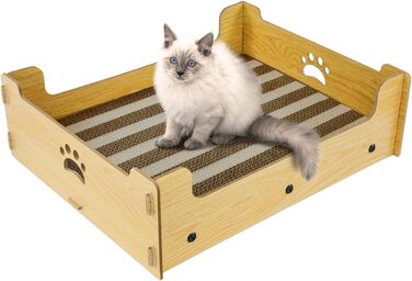 Кігтечка для котів з картону велика XXL, лежанка-кігтеточка, коробка для котів, кігтешкребок, килимок для котів з високоякісного гофрокартону та дерева, 48,5x40x15,5 см, подарунок для любителів котів, жовто-білі смуги