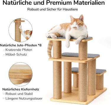 Сходинка для собак FUKUMARU, 3 сходинки, дерев'яна (сосна) з джутової тканини, регульована висота 18-51 см, вантажопідйомність до 90 кг, 6 варіантів підйому на ліжко/диван, сірий колір