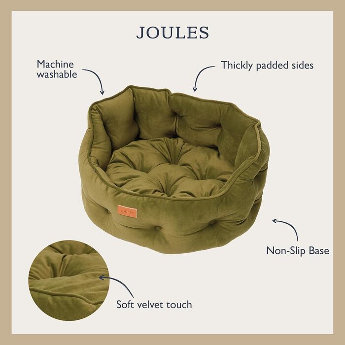 Ліжко для собак Roewood x Joule Chesterfield, маленьке, розкішне, з антиковзким дном, додатковою підкладкою та підтримкою, у стилі Chesterfield, зручне місце для відпочинку (хакі, 70 x 70 x 27 см)