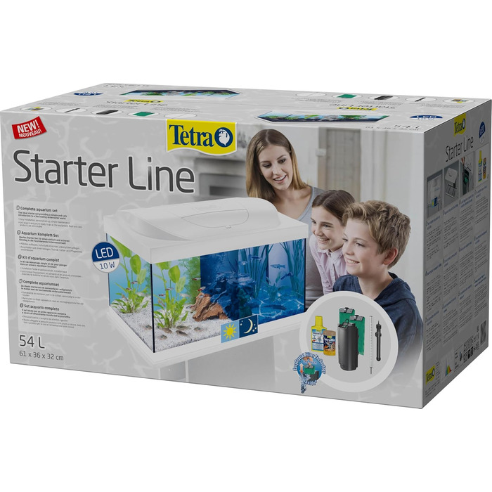 Акваріум Tetra Starter Line 54 л, білий, комплект з LED підсвіткою день/ніч, внутрішнім фільтром, нагрівачем, кормом і кондиціонером для води